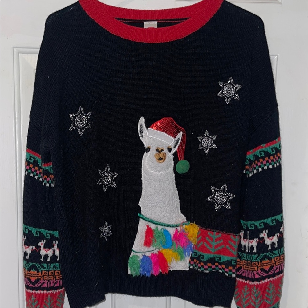 Festive Llama Sweater - Black and Red Large 12-14